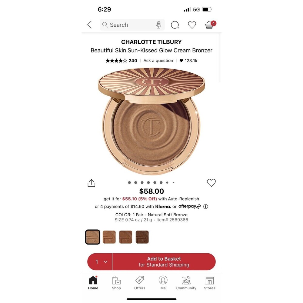 Charlotte Tilbury~Beautiful SKin Sun-Kissed Glow Bronzer~#1 Fair/ Pale~0.74oz~